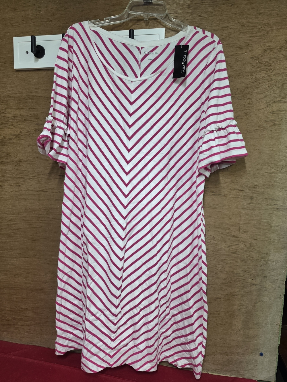 Kim Rogers Pink and White Striped Ruffled Sleeve Dress XL NWT